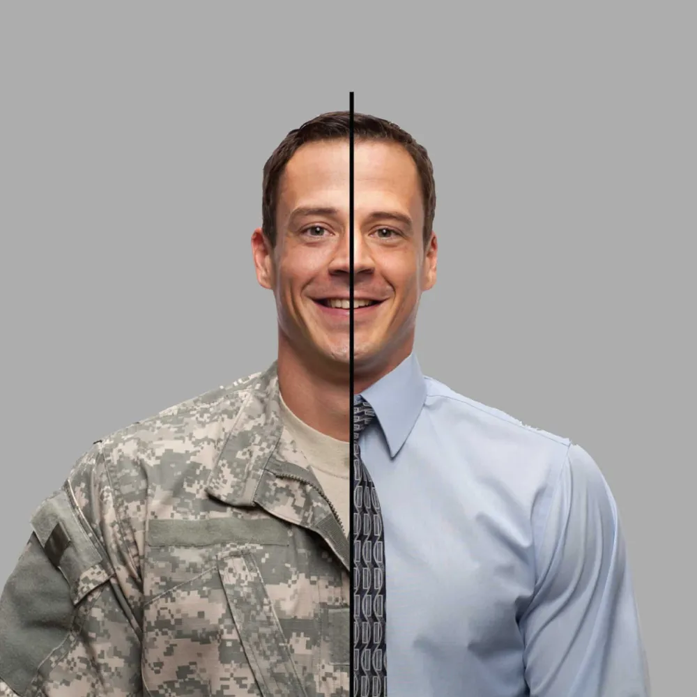 veteran shown split-screen in uniform and business attire